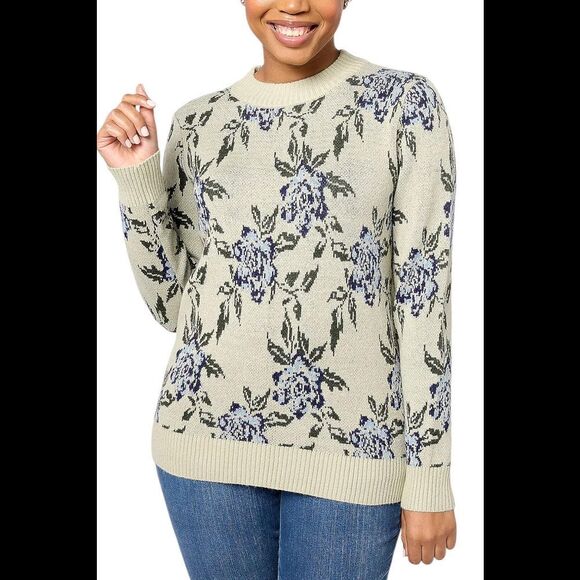Denim & Co. Tops - Denim & Co. Women's Jacquard Floral Mock Neck LongSlv Pullover Frost - Regular